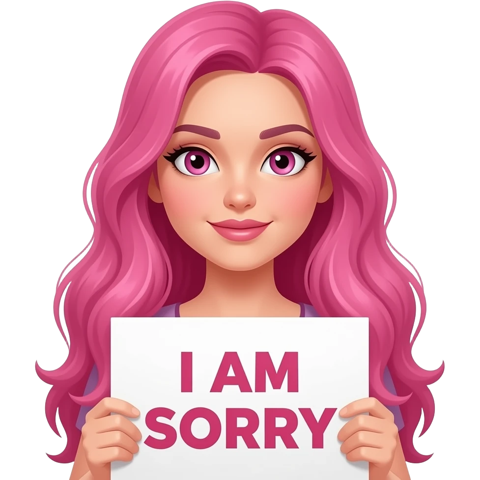 sexy girl with long pink hair and pink eyes holding I AM SORRY sign emoji