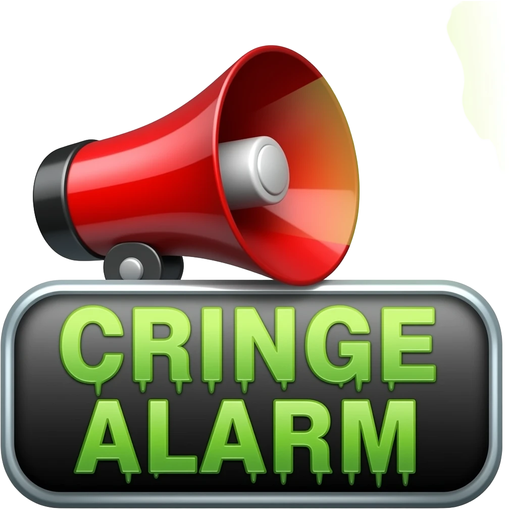 A blaring siren with visual sound effects, a label below it with text "Cringe Alarm" with a very big green horror font, filled background emoji