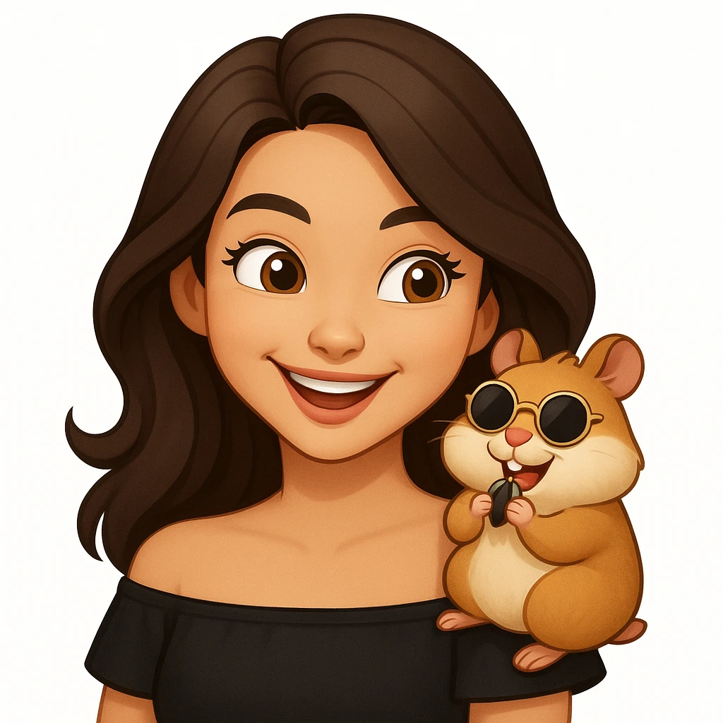 Add a cheeky, adorable hamster perched playfully on her shoulder. The hamster is wearing tiny round sunglasses and munching on a seed. The woman and her hamster are sharing a fun, carefree moment together, radiating warmth and joy. Keep the modern, clean, warm style. emoji