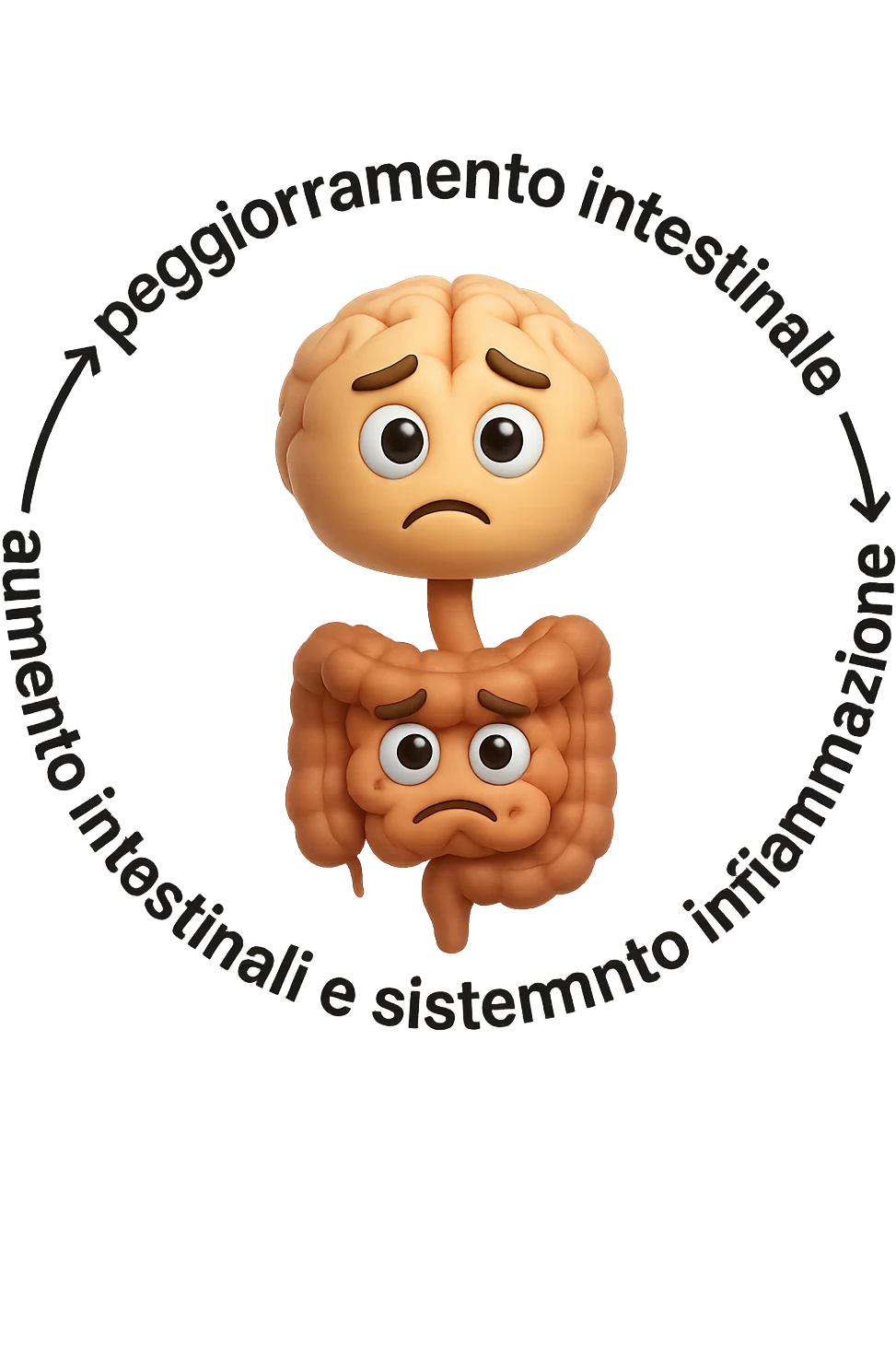 EMOJI STILE IPHONE 3D DI un cerchio con queste scritte che girano intorno "stress → peggioramento intestinale → aumento infiammazione → peggioramento sintomi intestinali e sistemici." al centro del cerchio metti un cervello e intestino umani collegati verticalmente con espressione dubbiosa in volto, FALLO MOLTO REALISTICO IN 3D emoji