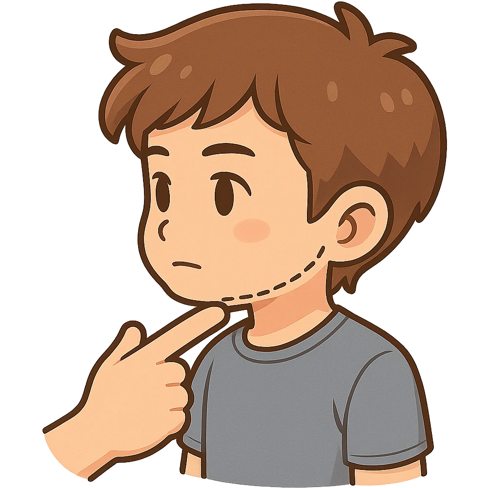 Add a finger pointing to the boy's chin, keep the chibi cartoon style, with no background. emoji