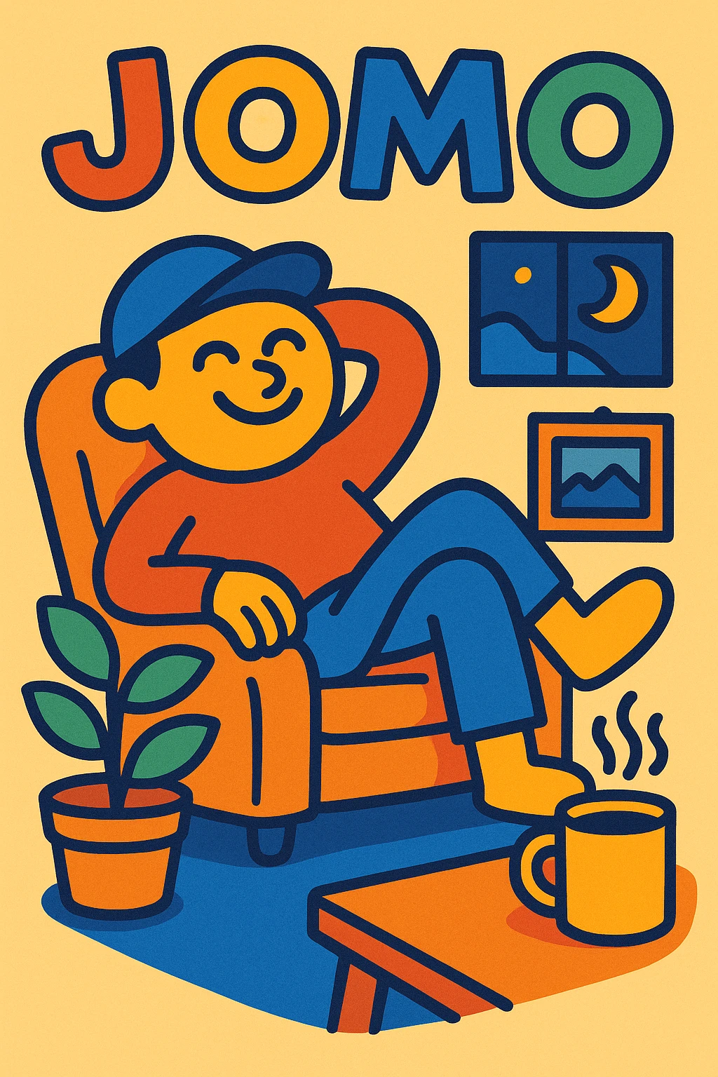 Slack emoji for JOMO, smiling character lounging at home, acronym 'JOMO' in playful text, vibrant toon style emoji
