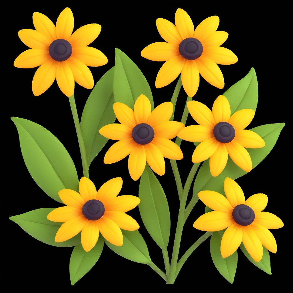 three yellow rudbeckia flowers with green leaves, 3D iOS style, glossy petals, white background emoji