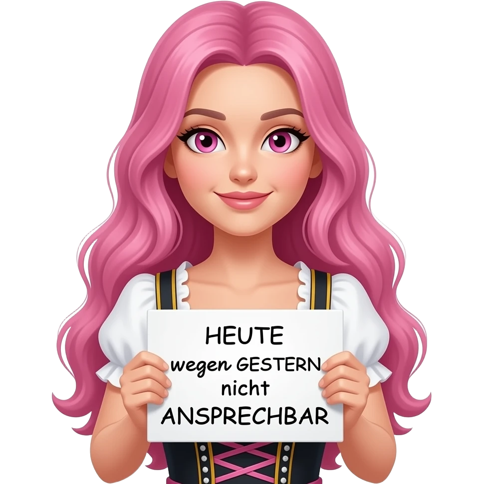 sexy girl with long pink hair and pink eyes wearing a dirndl holding a HEUTE wegen GESTERN nicht ANSPRECHBAR sign emoji