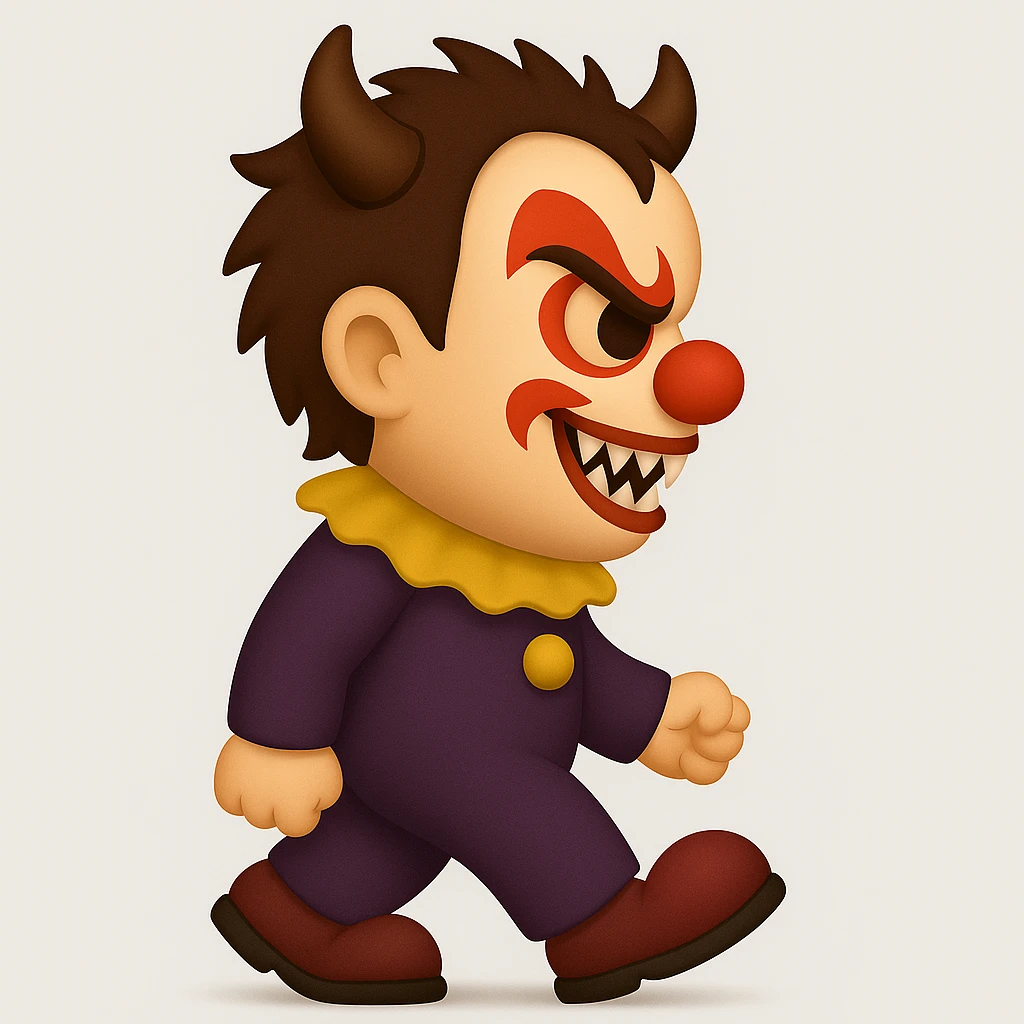 Create an emoji art style full body illustration of a child demonic clown with horns and fangs, facing to the left. Maintain the spirit and expression of the original character shown in the reference image. emoji