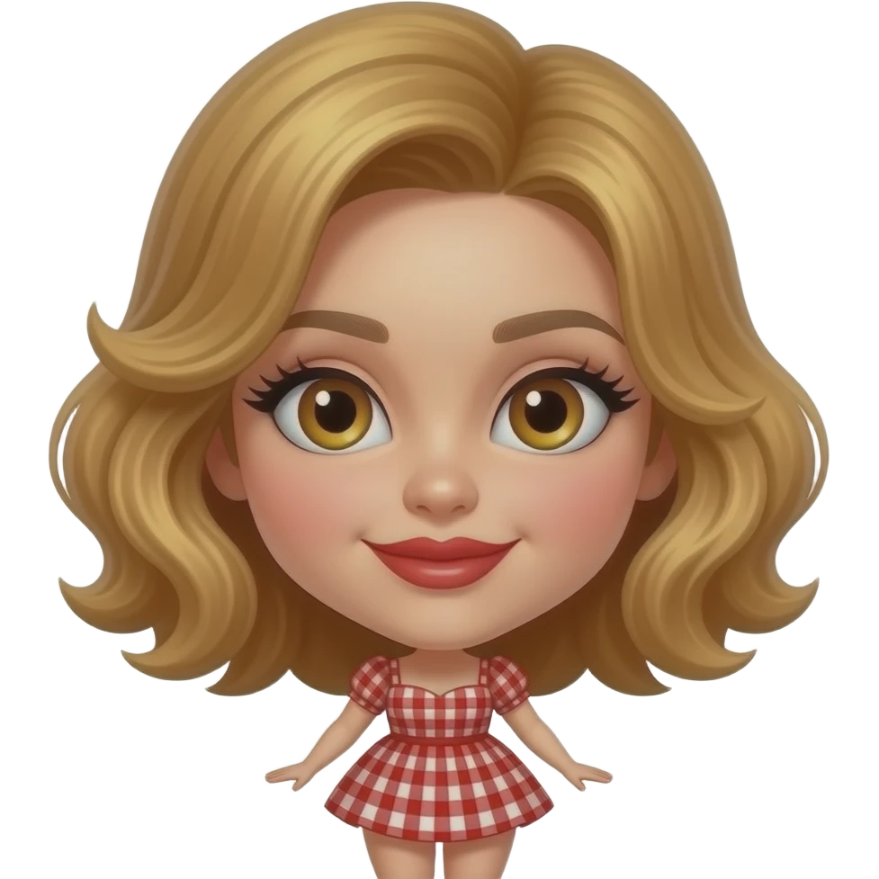 white, very beautiful woman, with big plump red lips, long long lashes, honey wavy short hair, hazel eyes, looking sensuously in her eyes. full body.  Wearing a red frilled gingham mini dress emoji