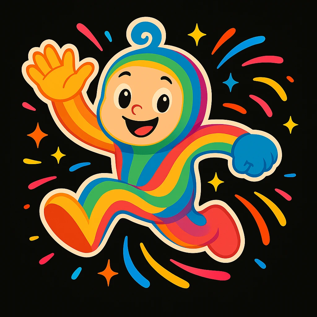 Replace the mascot in this image with the same unified mascot character used in the other two images. Maintain the colorful motion lines, sparkles, and dynamic accents to keep the playful, energetic, and imaginative vibe suitable for a black website background. emoji