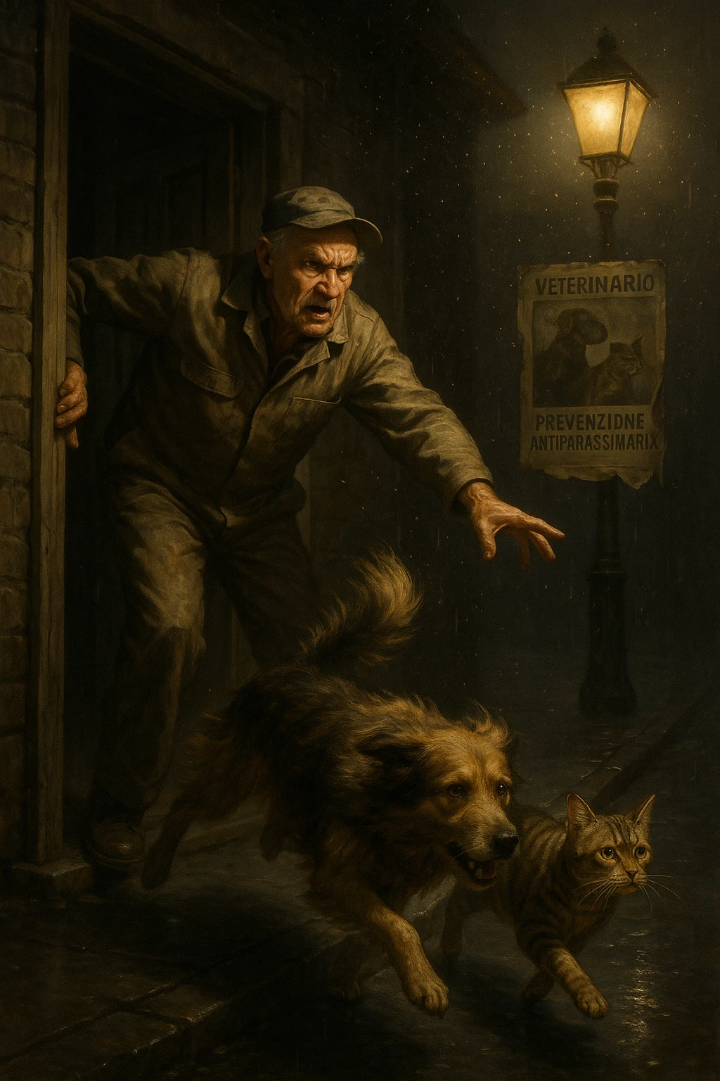 Un uomo anziano in tuta da lavoro, con espressione arrabbiata, butta fuori i suoi animali con aperta la porta di casa mentre il suo cane (un meticcio a pelo lungo) e il gatto (soriano) scappano nella strada buia sotto la pioggia. Particelle di polvere/pulci fluttuano nell'aria illuminata dal lampione. Sullo sfondo, un poster strappato del veterinario con scritto 'Prevenzione antiparassitaria'. Stile fotorealistico, illuminazione Caravaggesca, toni grigi e ocra. in italiano emoji