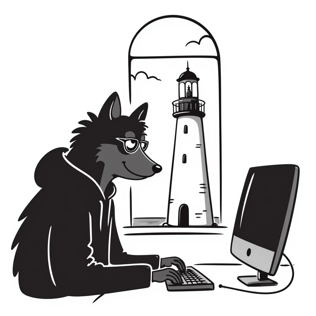 a wolf coding a lighthouse, hand drawn doodle style emoji