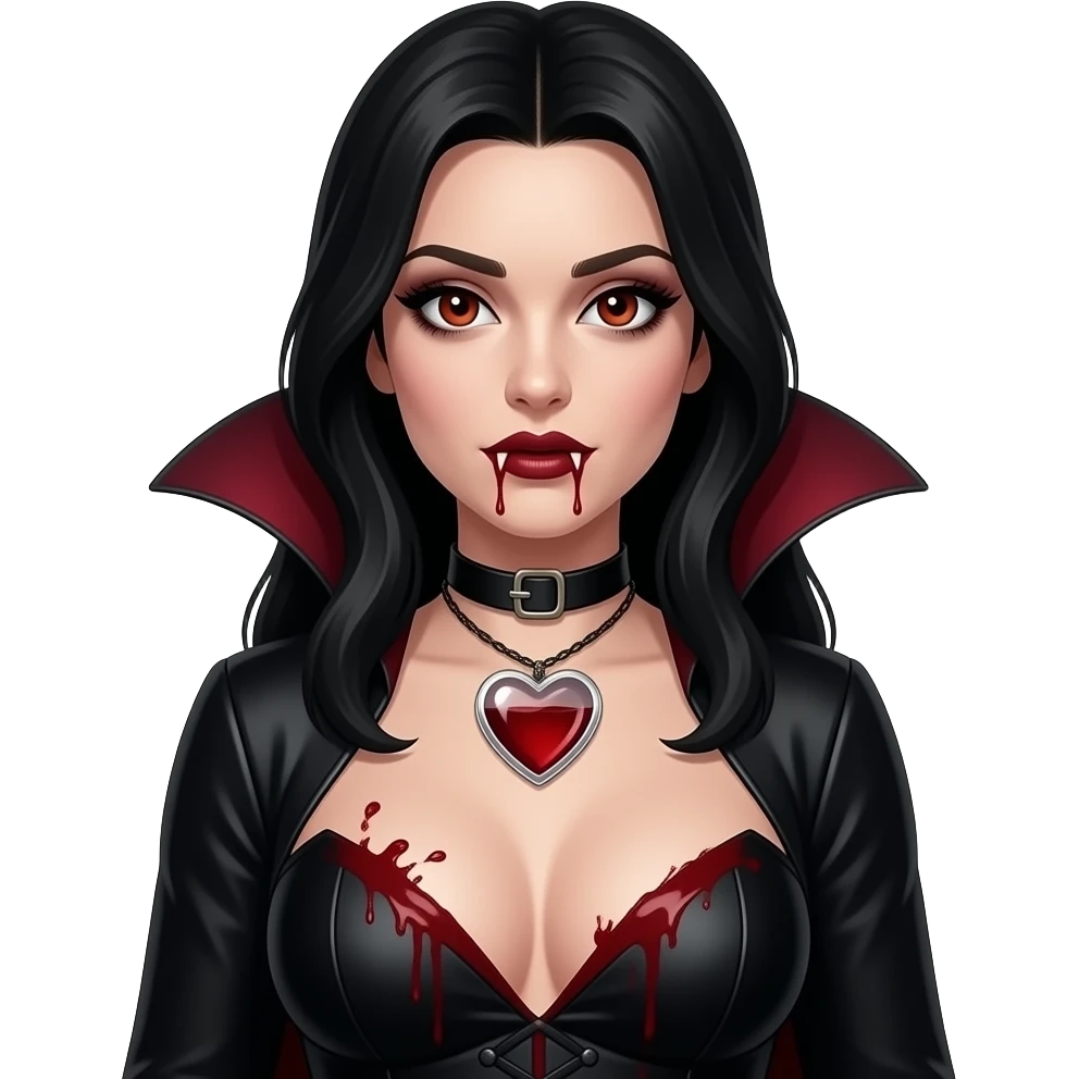 Quero uma mulher igual a personagem katherine Pierce  soq mais gótica e em forma de vampira com um colar de coração de vidro transparente com sangue lá dentro e sangue em suas presas e borrife sangue perto de seus seios, e deixe os seios marcando emoji