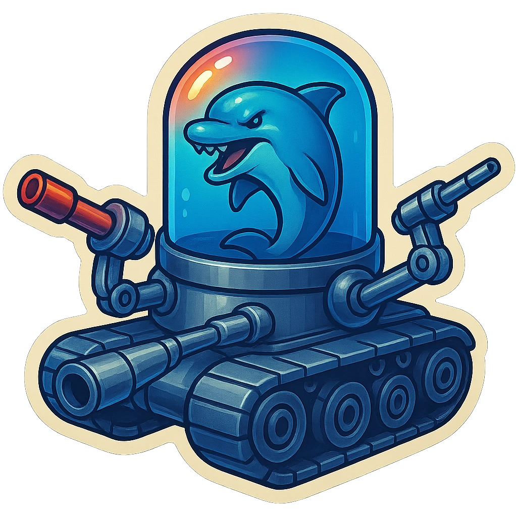 Menacing dolphin in a water tank mounted on tank treads, shiny grey metal parts, blue water in tank, some forward-facing missiles and large guns, retro sticker style, no border, clean and vibrant with transparent background emoji