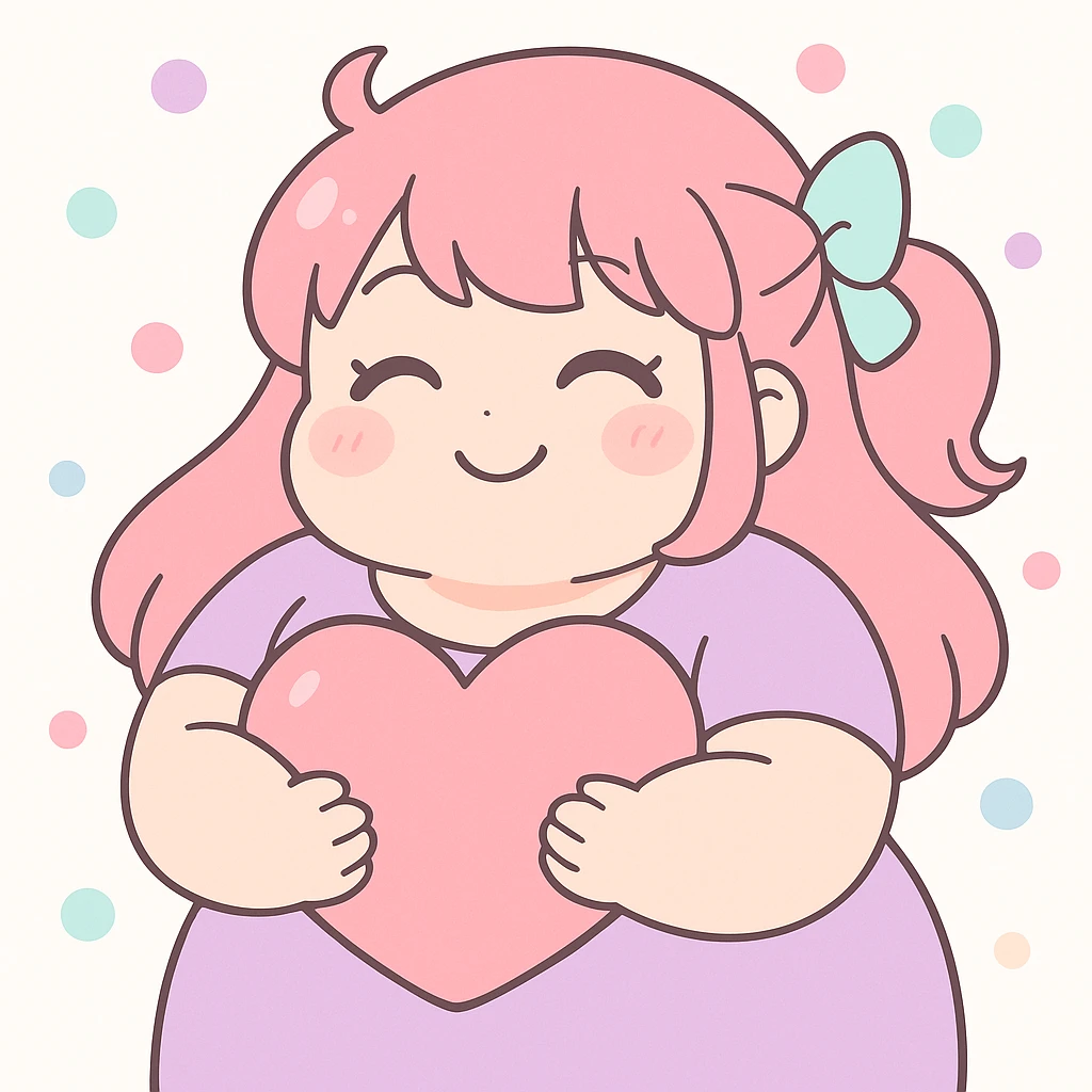 bbw anime girl smiling with closed eyes, holding a big heart, kawaii anime style, vibrant colors emoji