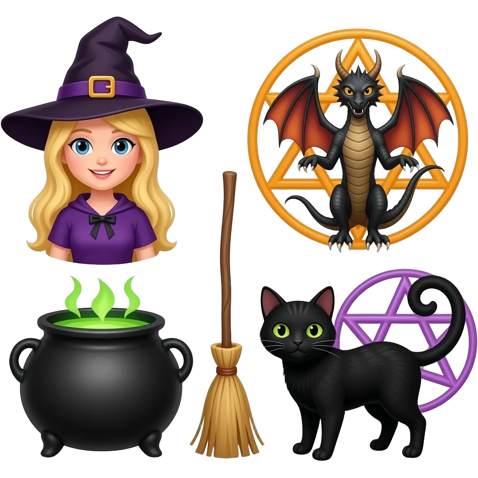 Witch with blonde hair, cauldron, pentagram, black cat, besphamet, broomstick, dragon emoji