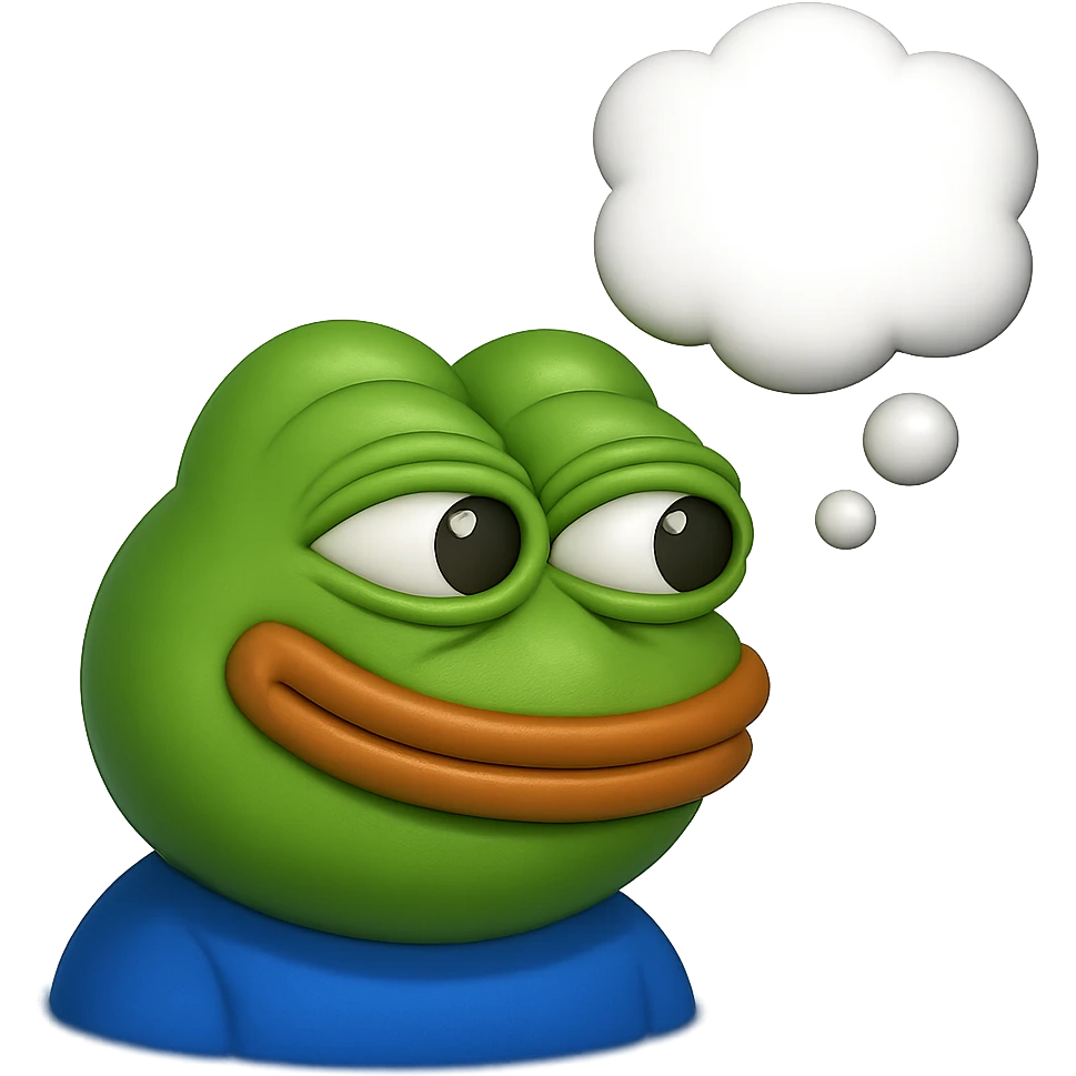 make a pepe in bright green smiling with thought bubble looking at right side in 3d style, good highlights and shadows, drop shadows emoji