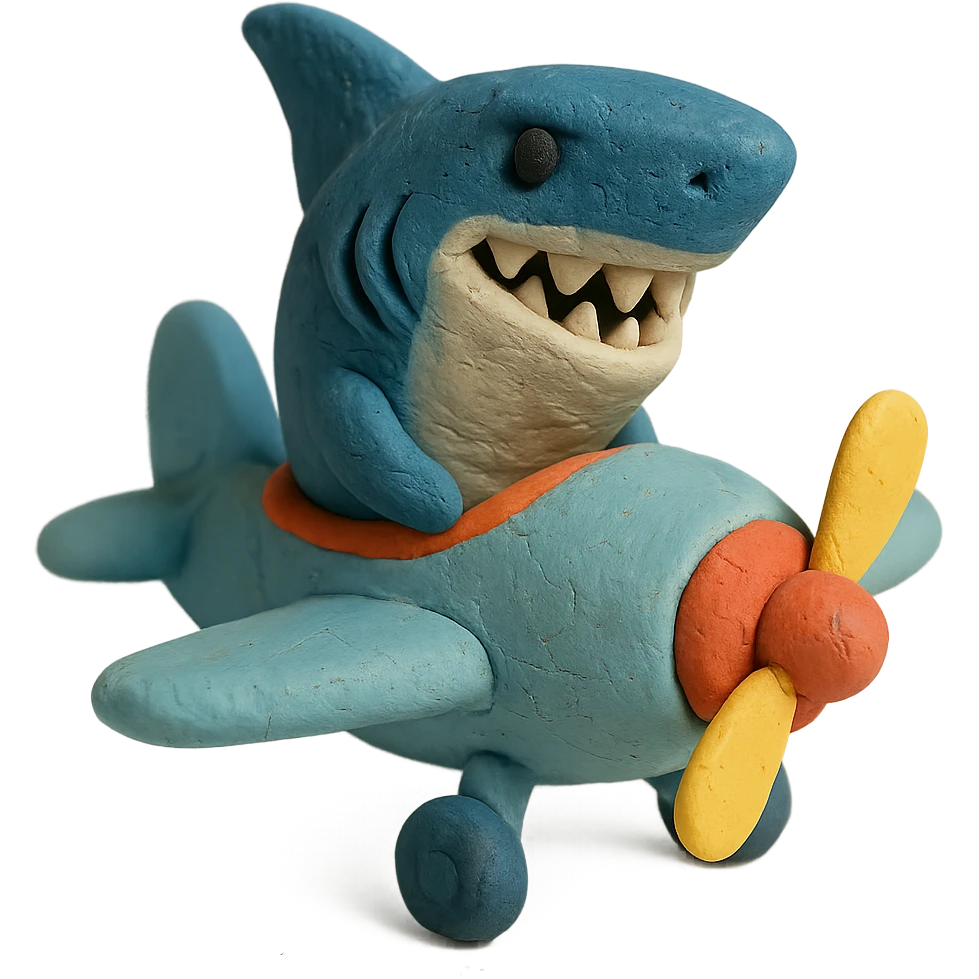 claymation style shark on an airplane emoji