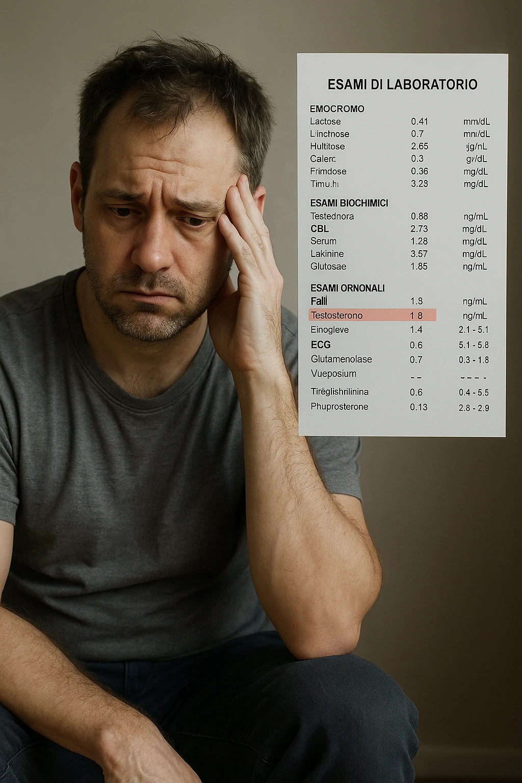Un uomo caucasico di 35-45 anni, in CGI fotorealistico, che mostra i segni fisici ed emotivi di un basso livello di testosterone. aggiungere un referto medico semi-trasparente fluttuante accanto a lui, con valori di testosterone evidenziati in rosso. in italiano emoji