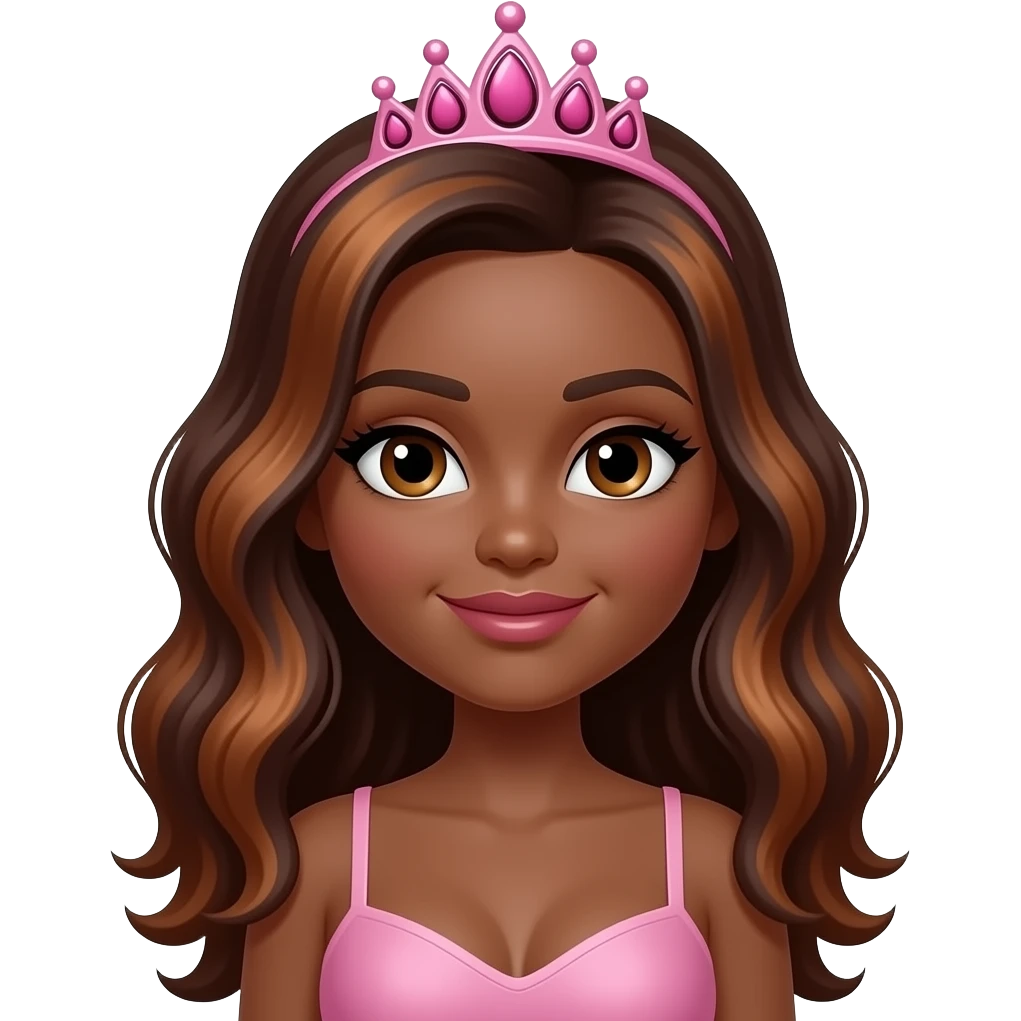 hair with pink tiara, Dark brown eyebrows,Dark brown skin, Doll shaped face, doll eyes, wavy with side part longer straightened auburn  hair with dark brown highlights, big breast no bra emoji