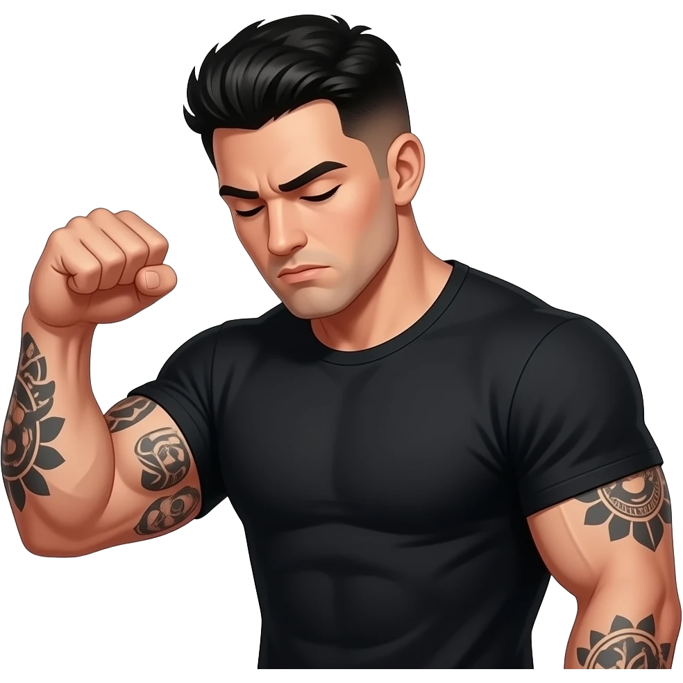 A strong buff gym guy looking like Tony from battle camp Netflix with dark black hair and tattoos clean shaven and a black t-shirt clenching his fist in defeat with his head down with an air bubble saying dahm emoji
