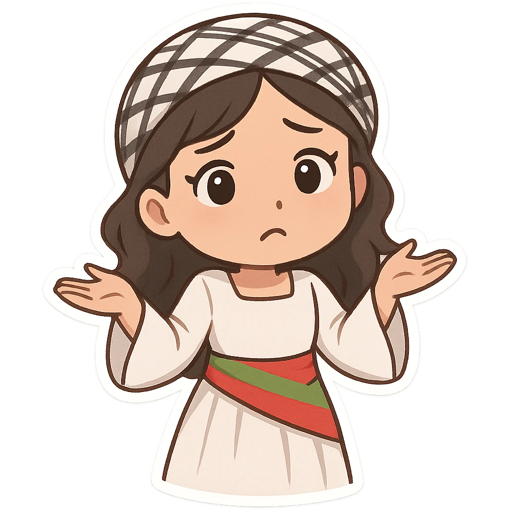 Kurdish woman in a new dress, arms raised, palms up, confused face, no text emoji