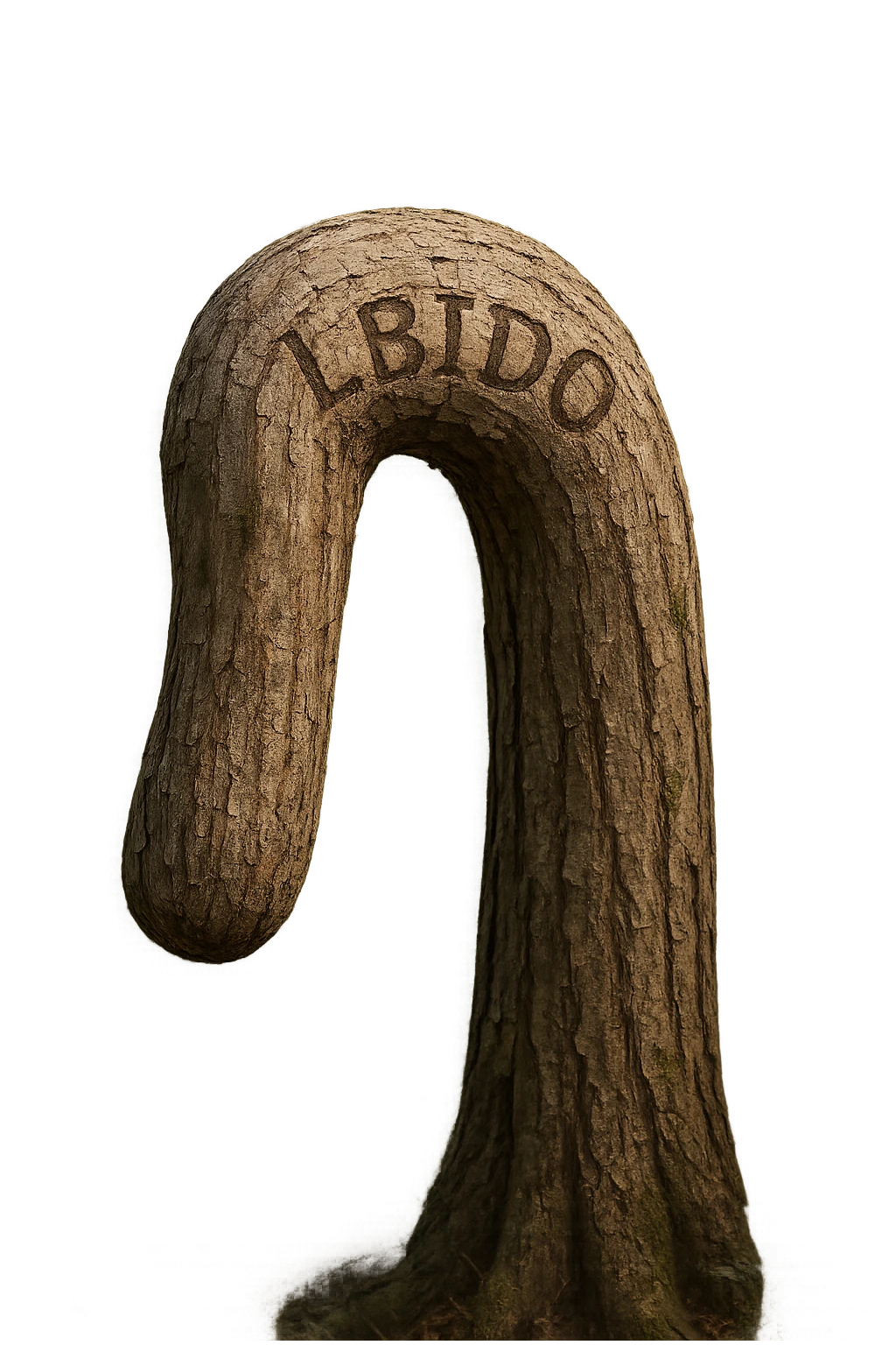 Realistic, vertical 4K illustration: a hyperrealistic tree trunk in a forest setting, noticeably bent, drooping, or wilted instead of standing upright. The bark is textured and detailed WITH THE WORD "LIBIDO" PRINTED ON IT, with subtle cracks and faded colors suggesting loss of vitality. Soft, natural light filters through the surrounding trees, casting gentle shadows. The scene is quiet and contemplative, with the trunk’s unusual, slumped posture symbolizing a decline in male libido. The background is lush and detailed, but the focus remains on the central, softened trunk, evoking a sense of vulnerability and introspection. emoji
