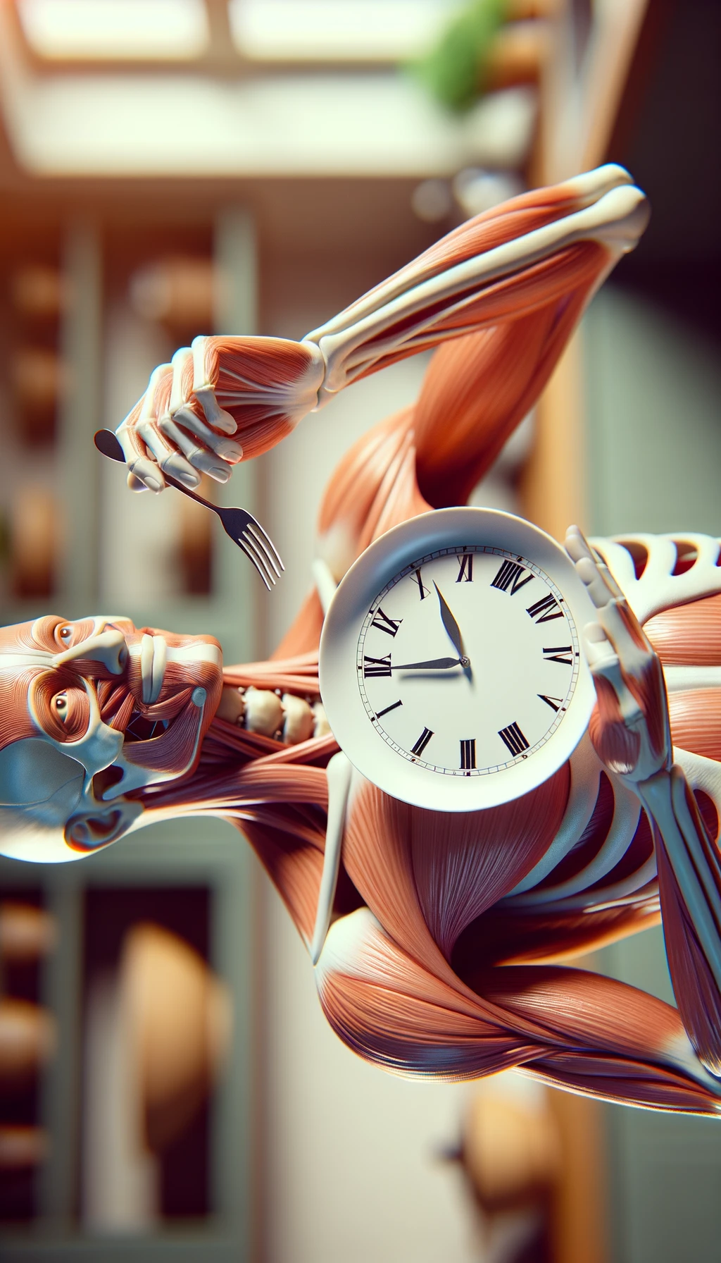 corpo umano anatomico, che tiene in mano un piatto bianco con la lancette di un orologio sopra, figura visibile fino ai fianchi, espressione del volto soddisfatta, sullo sfondo la sua cucina sfocata, iperrealistico 4k emoji