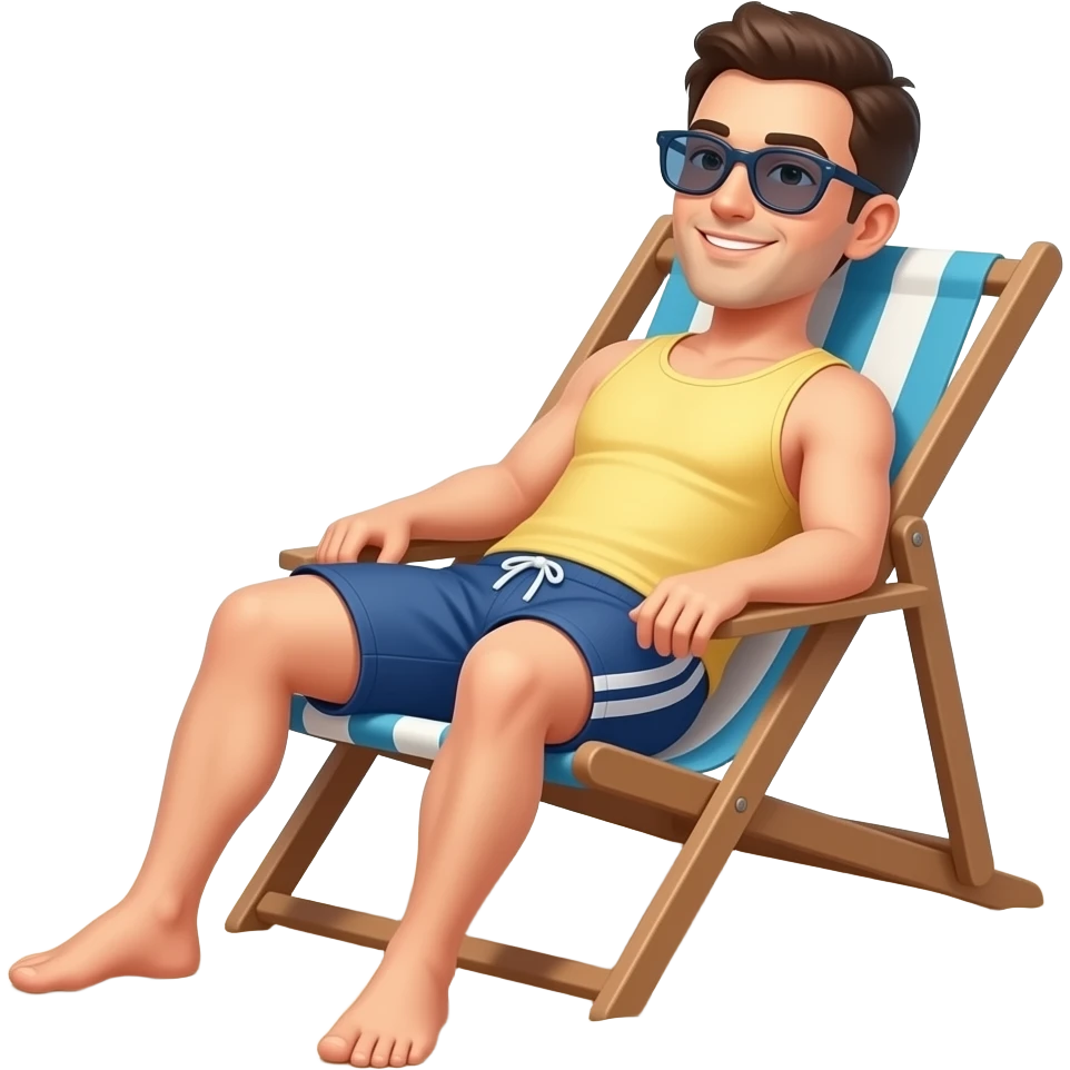 Erstellen ein Emoji von einem Mann der sich in Badehose am Strand als Hintergrund auf einer liege in der Sonne entspannt sonnt emoji