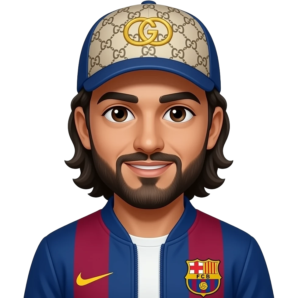 Arabe, sans barbe, cheveux long, veste Barca, casquette Gucci emoji
