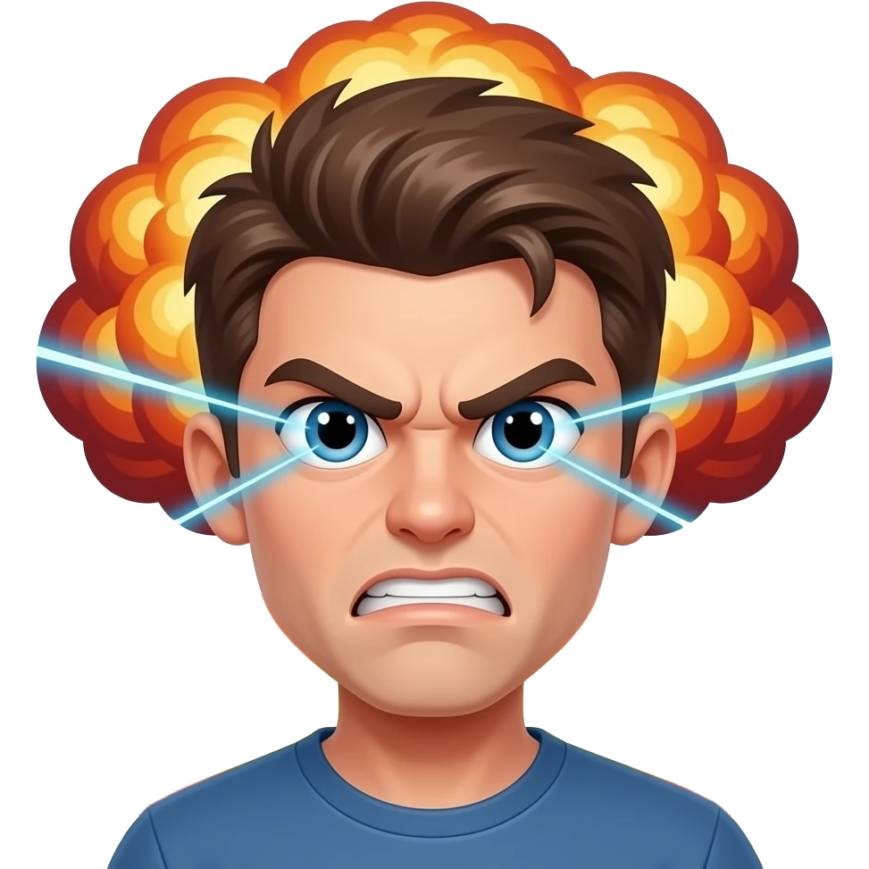 emoji, angry teen face, eyes shooting laser beams, nuclear mushroom cloud explosion in background, flat cartoon, vivid red orange yellow, clean outlines, white background emoji