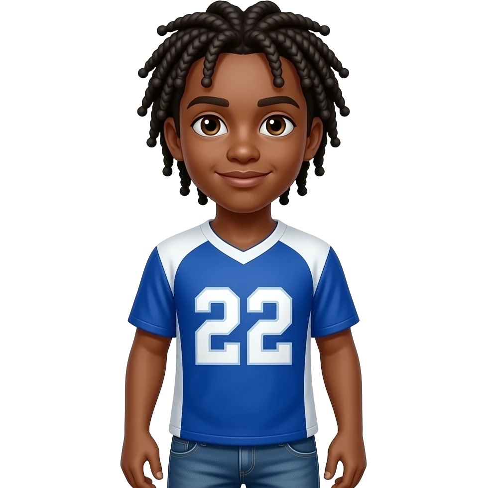 African American teenage boy hair in neck length cornrows wearing a blue and white jersey shirt with 22 on it wearing jeans emoji