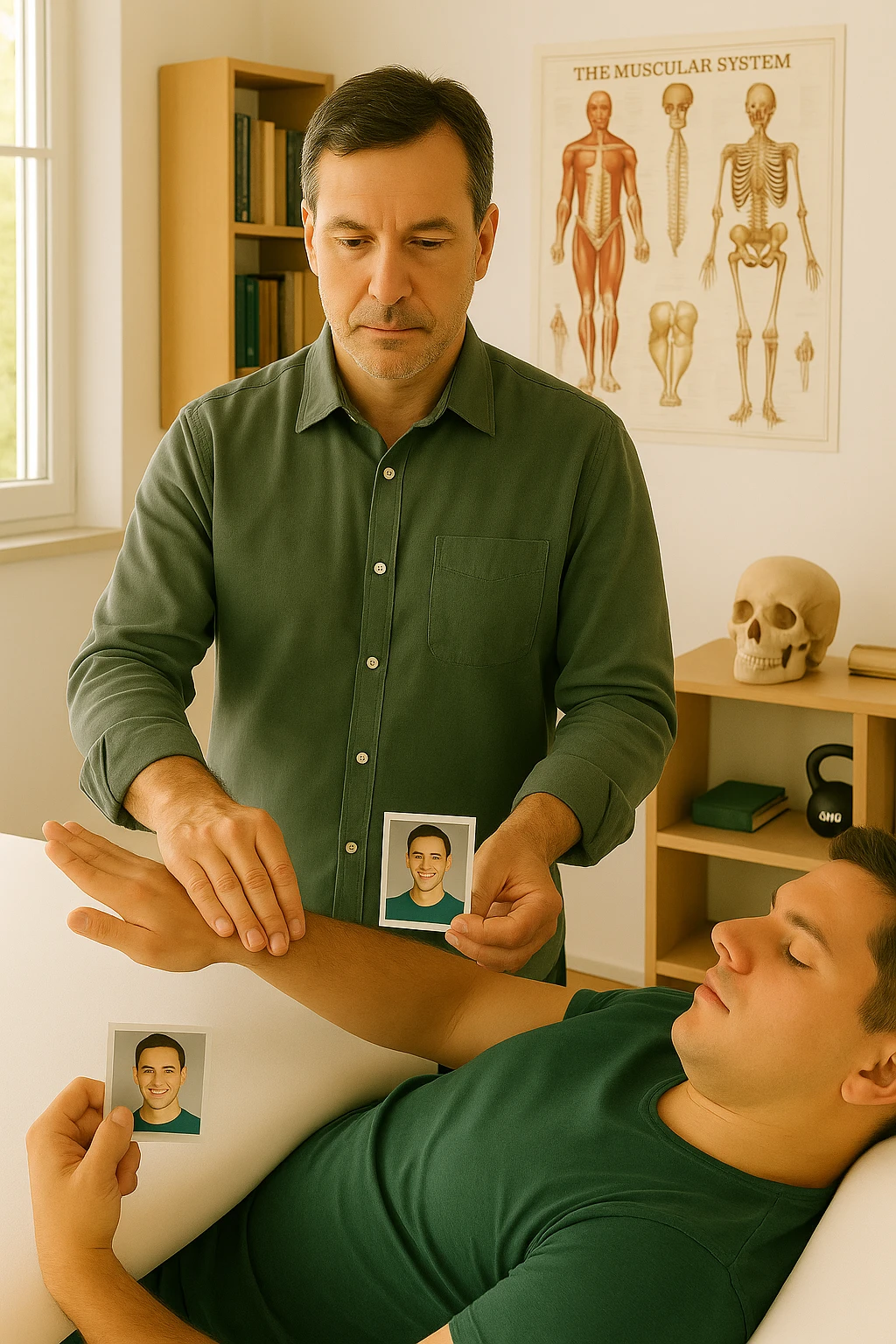 a middle-aged man, dressed in casual professional attire, is in a bright, organized therapy studio. Durante una visita di kinesiologia, il ragazzo tiene con una mano la foto di una persona lontana (il “testimone”) tiene la foto in mano, mentre con l’altra mano esegue un test muscolare su un cliente presente senza foto lui non tiene la foto. Sullo sfondo si vedono libri di kinesiologia, poster anatomici e strumenti tipici della disciplina. L’atmosfera è concentrata e serena, con luce naturale che entra dalla finestra, sottolineando l’aspetto alternativo e umano della pratica. emoji
