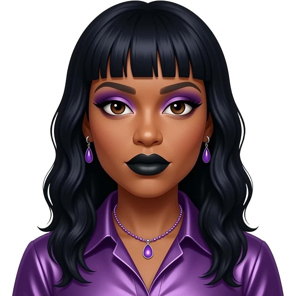 Missy Elliott with dark brown eyes, long dark indigo hair, purple eyeshadow, black lipstick, purple metallic shirt, lilac necklace and earrings emoji