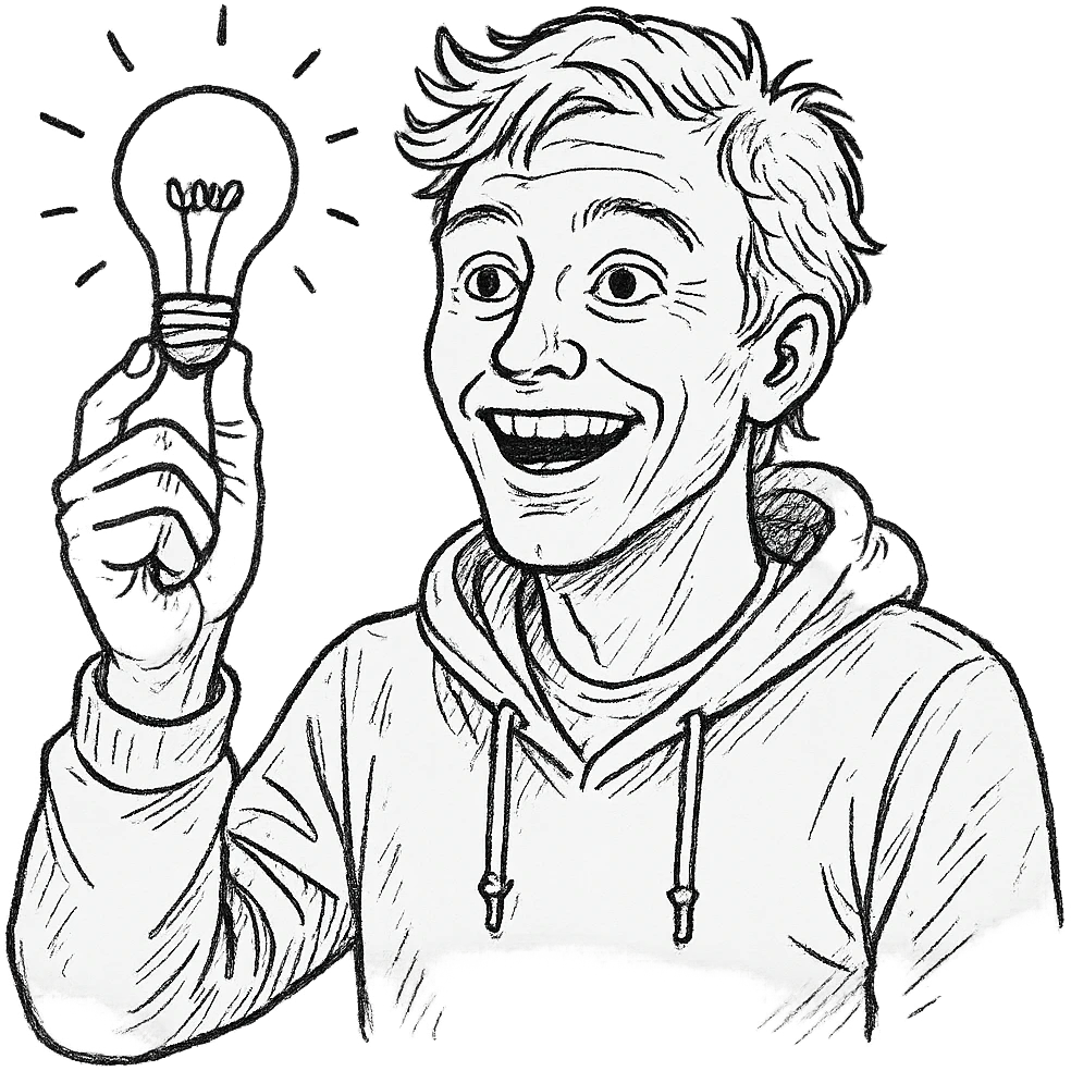 bright and expressive male visionary, fair skin, tousled golden hair, wide joyful eyes, wearing a green hoodie over a yellow tee, one hand raised with a glowing lightbulb, waist-up, front-facing emoji