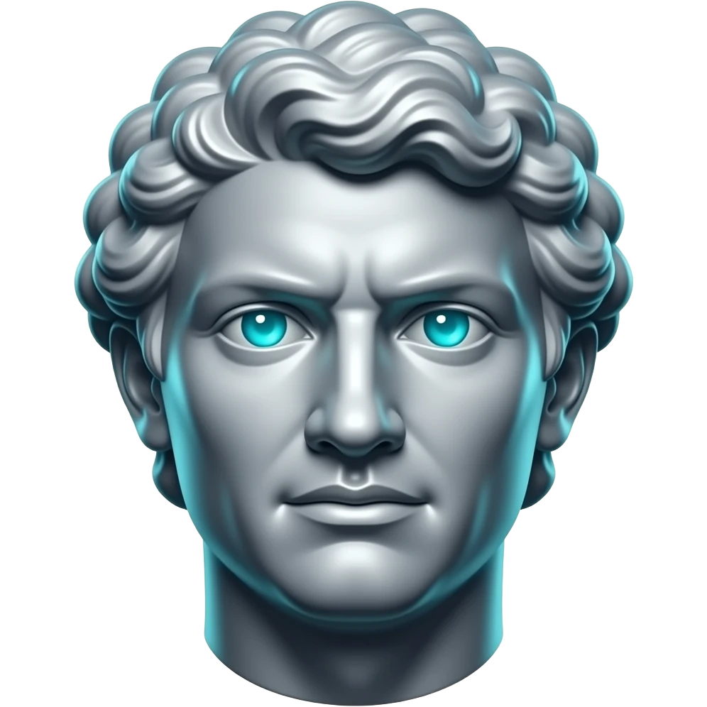 "A glasy/chrome stoic Greek statue head, front-facing, serious focused expression, subtile smile, glowing cyan (#00D4B1) eyes, dark background. Chrome reflections, subtle cyan light accents. Clean, no background, emoji style, high detail. The statue represents discipline, focus, self-mastery." emoji
