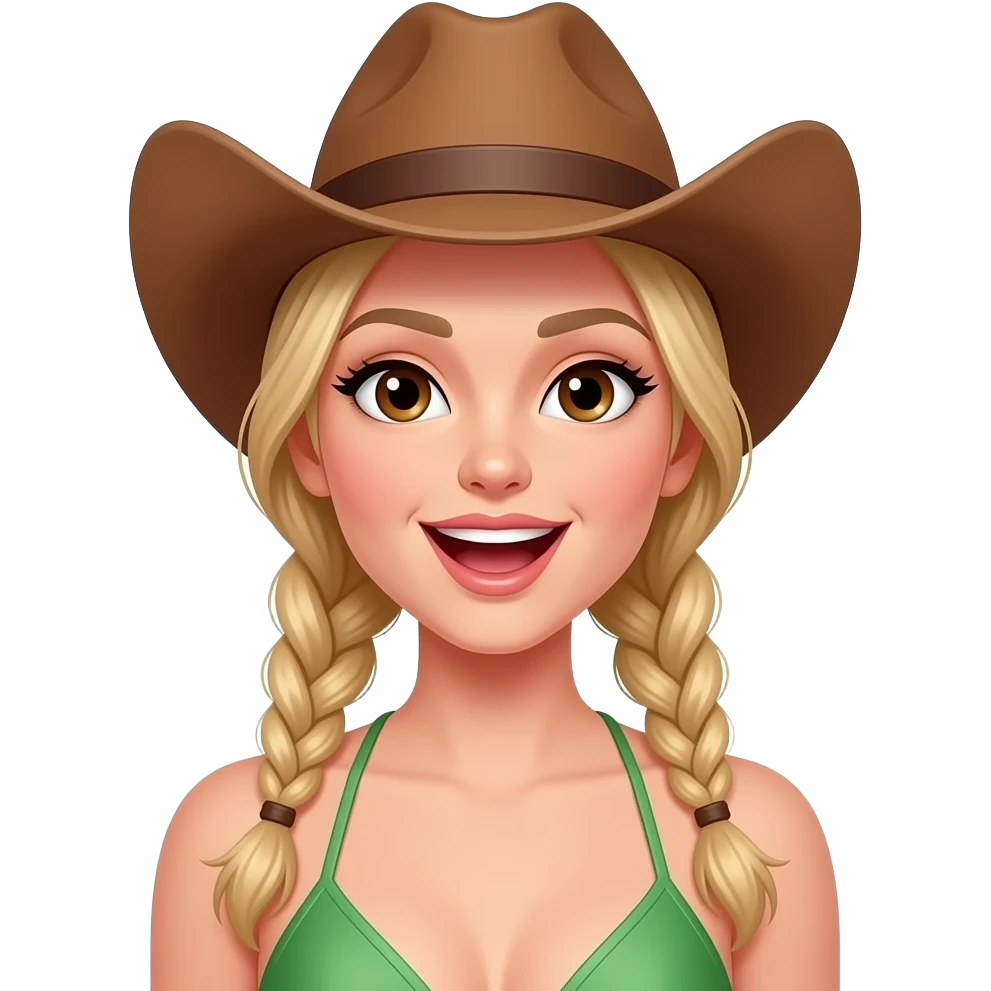 Cowgirl in green bikini with slim face, open mouth, brown eyes and blonde pigtail braids emoji