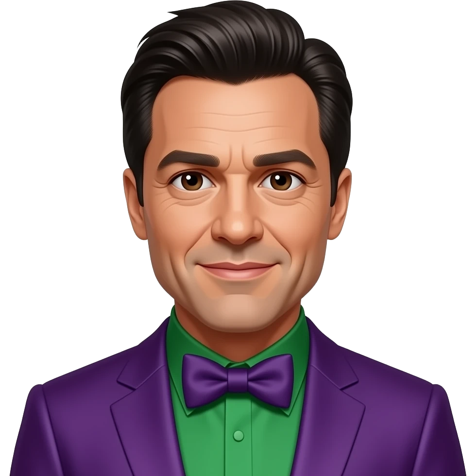 Mark Ruffalo with dark brown eyes, black hair, green silk shirt, purple silk suit with bow tie emoji