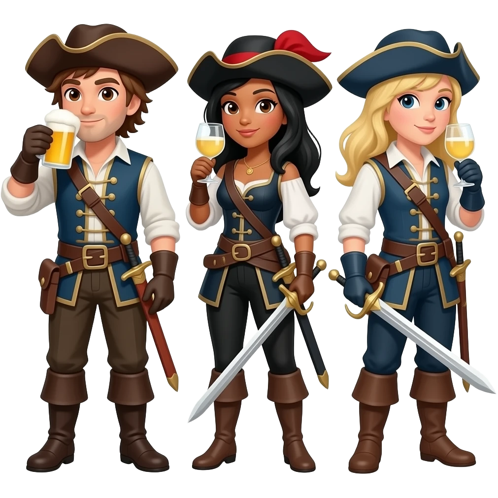 Three musketeers with swords and hats. One guy with brown hair and brown eyes, one girl with black hair and tanned skin and one girl with blond hair. You have to see them in full, the guy is drinking beer and the girls white wine. emoji