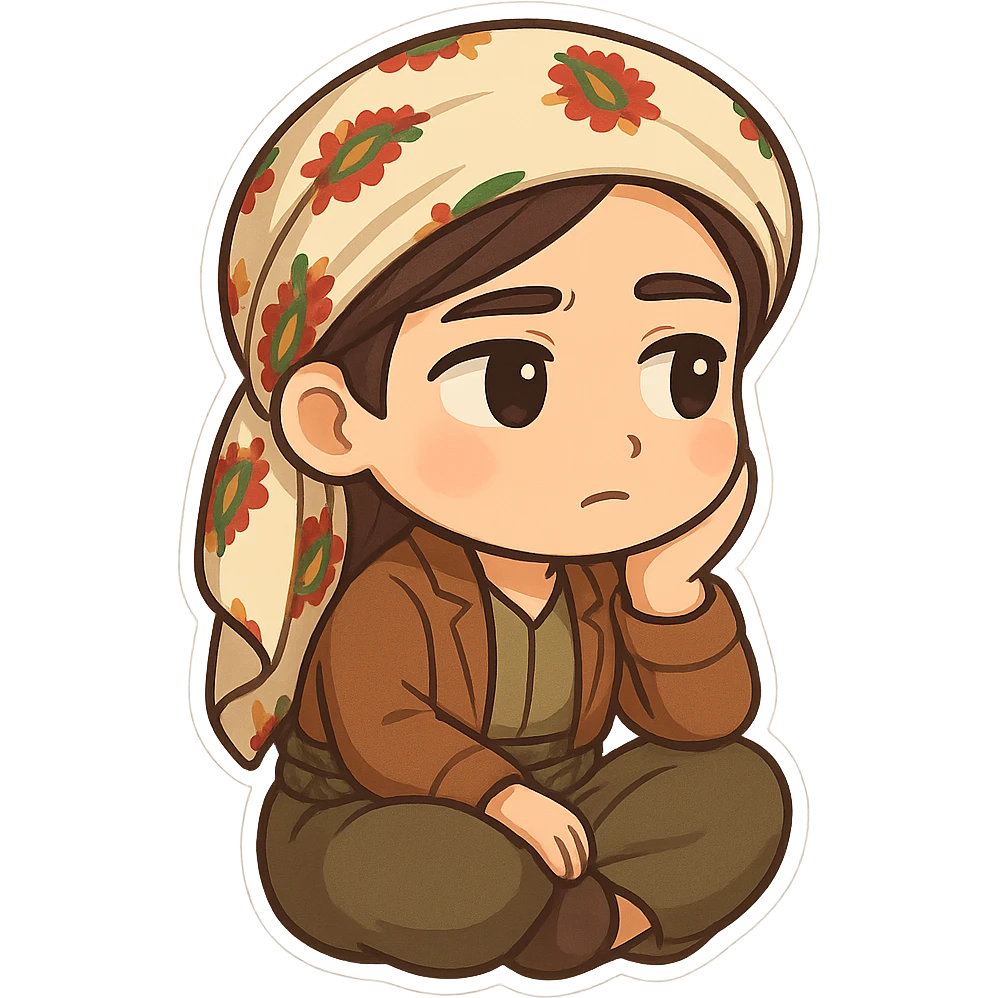 Kurdish sticker, cartoon style, Kurdish man or woman in jamadani, sitting with head on hand, looking away, lost in thought, no text emoji