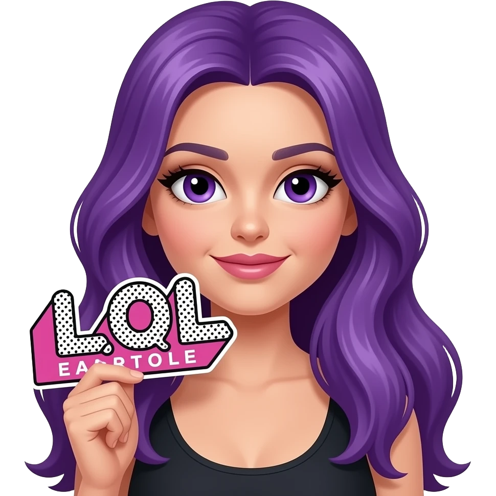 sexy girl with long purple hair and purple eyes holding a L O L sign emoji