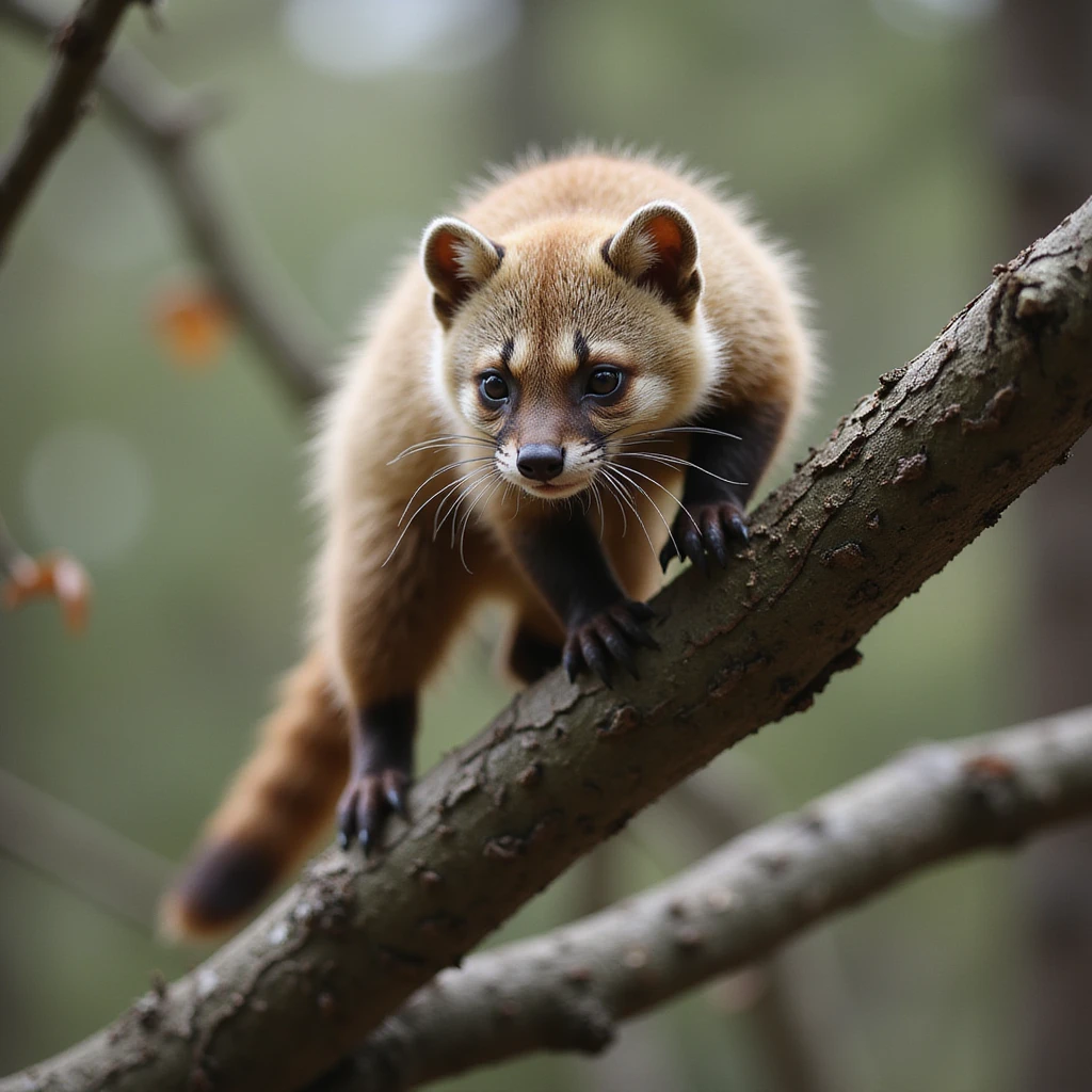A pine marten, leaping between branches, dynamic motion, realistic fur, photorealistic style emoji