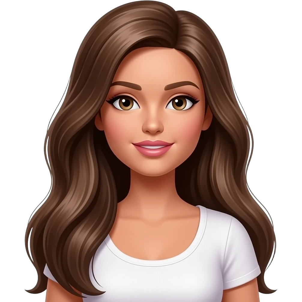 Long long brunette Barbie doll olive tan ish skin beautiful light brown hair and eyes pretty lips and natural eyeshadow and lipstick wearing a t shirt drop top emoji