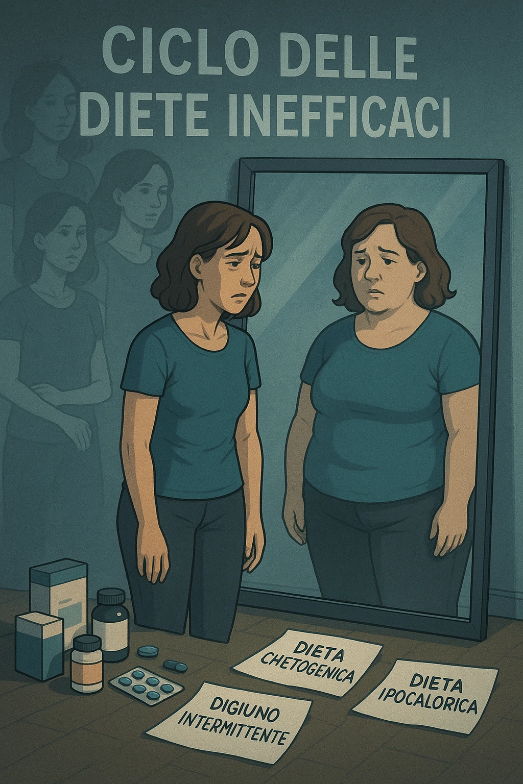 Donna tra i 30 e i 40 anni, in piedi davanti a uno specchio, con espressione delusa e stanca. Accanto a lei, sul pavimento, scatole di integratori, foglietti con scritte tipo 'Dieta chetogenica', 'Digiuno intermittente', 'Dieta ipocalorica'. Riflesso nello specchio mostra una versione di sé con peso aumentato, come se fosse tornata indietro nel tempo. Attorno a lei, immagini sbiadite o sovrapposte di sé in passato, quando era dimagrita. Atmosfera emotiva, simbolica, con luce fredda e sfumature di frustrazione. Messaggio visivo forte: 'ciclo delle diete inefficaci' in italiano emoji