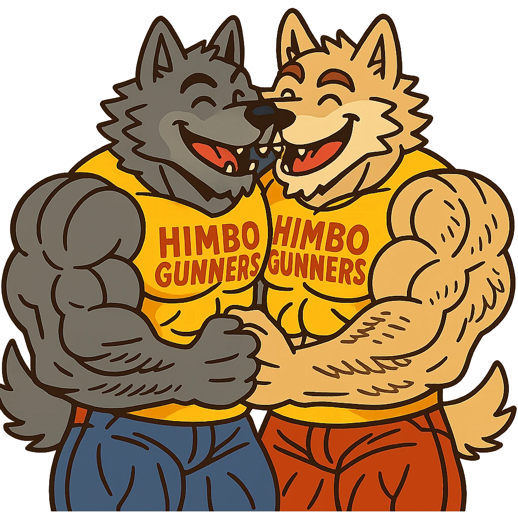 two hyper-muscular wolf furry characters in 'Himbo gunners' t-shirts, hugging, big smiles, playful and affectionate, oversized and detailed muscles, intricate fur, high quality emoji