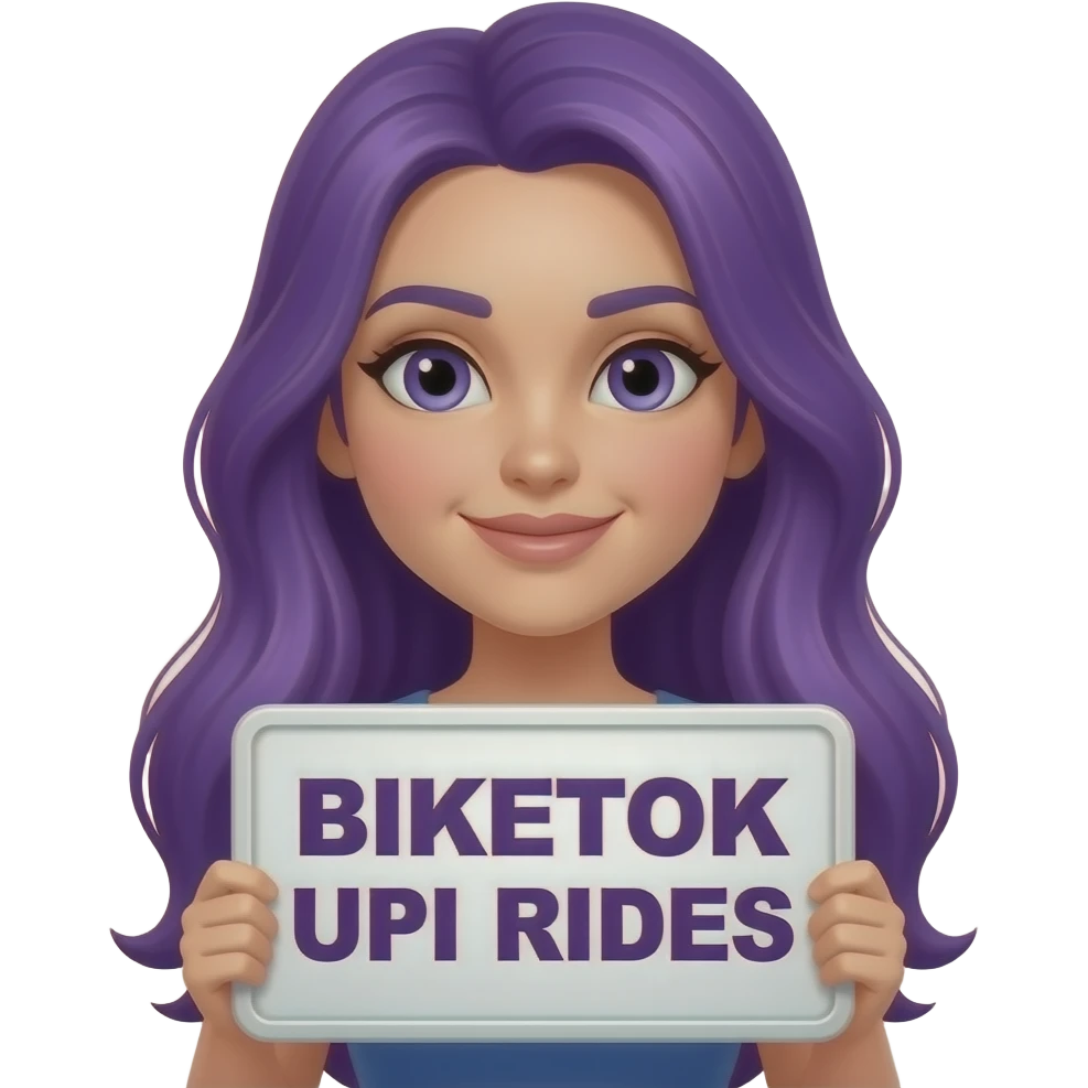 sexy girl with long purple hair holding a BIKETOK UPI RIDES sign emoji