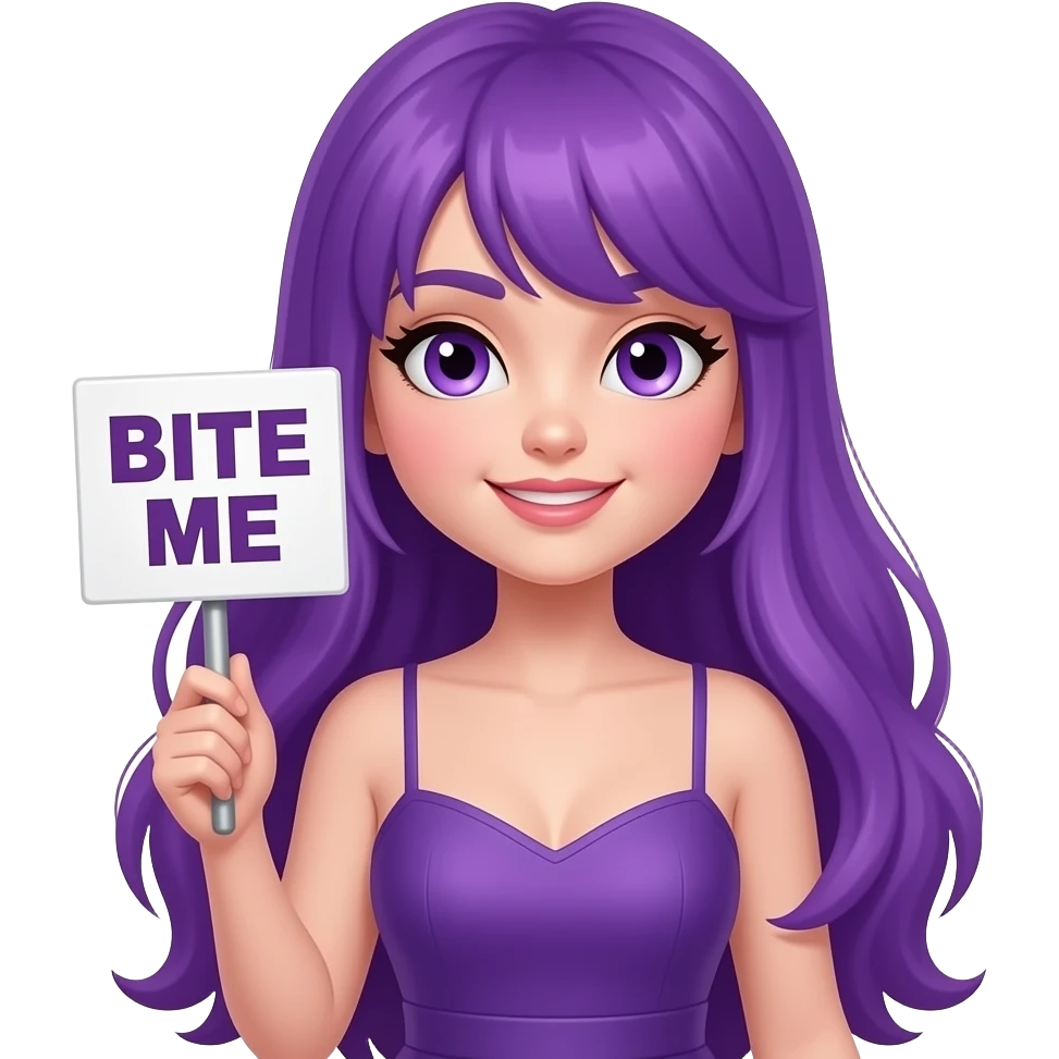 sexy girl with long purple hair and purple eyes wearing a dress holding a BITE ME sign emoji