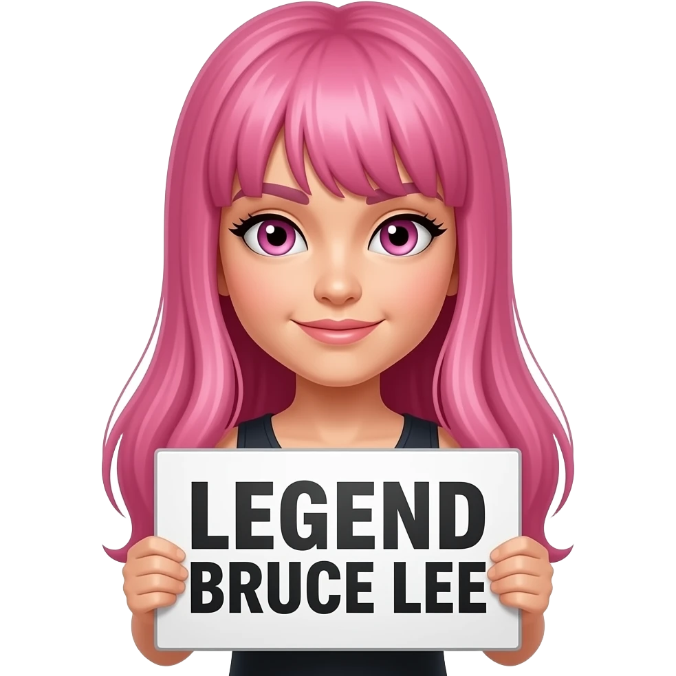 sexy girl with long pink hair and pink eyes holding LEGEND BRUCE LEE sign emoji