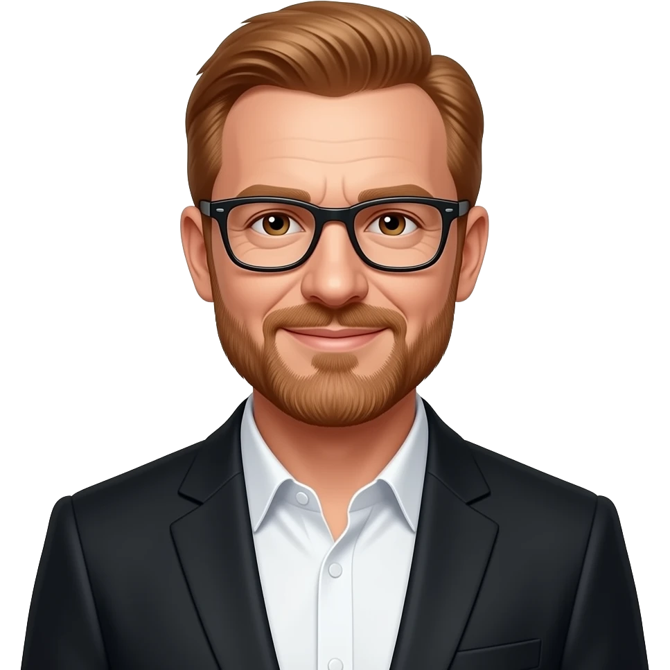 white middle-aged man with short ginger hair. brown eyes. beard. glasses. smiling. wearing a suit. emoji