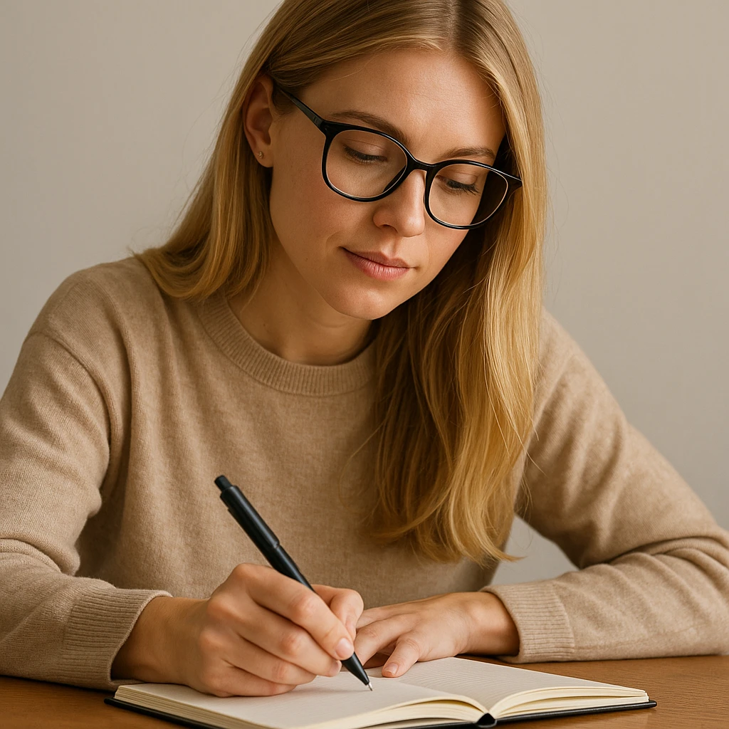 blonde woman wearing glasses, writing in a notebook emoji