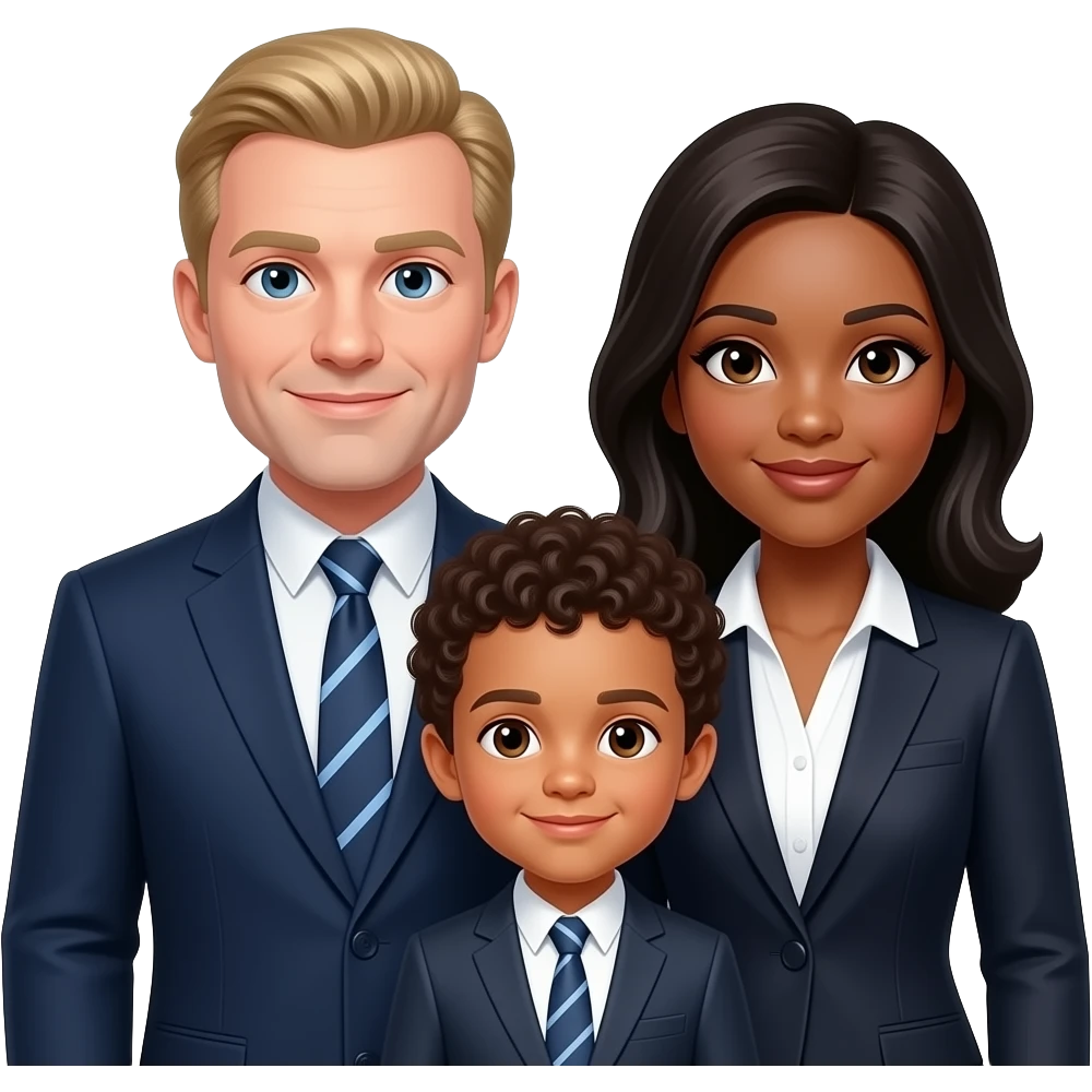 Family of 3 in formal attire , blond older dad , black  younger mom and mix baby boy with curly hair emoji