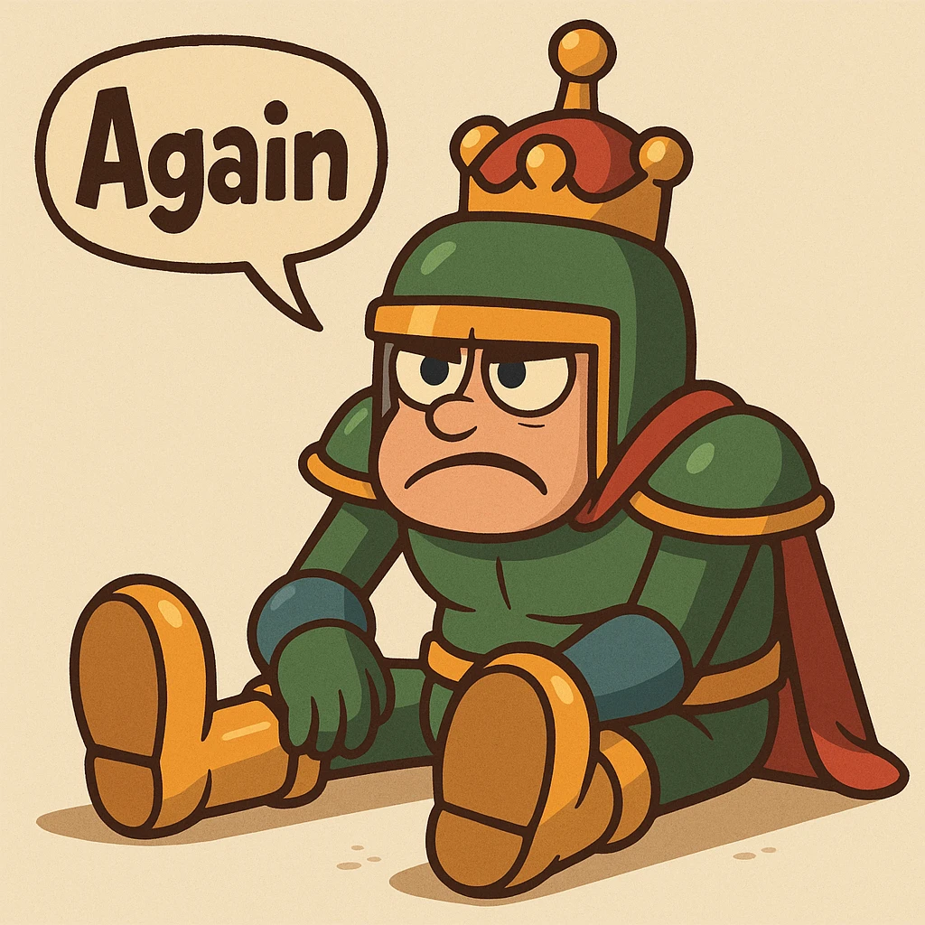 Jump King sitting on the floor after a failed jump, looking frustrated, with 'Again' in expressive, cartoonish text emoji