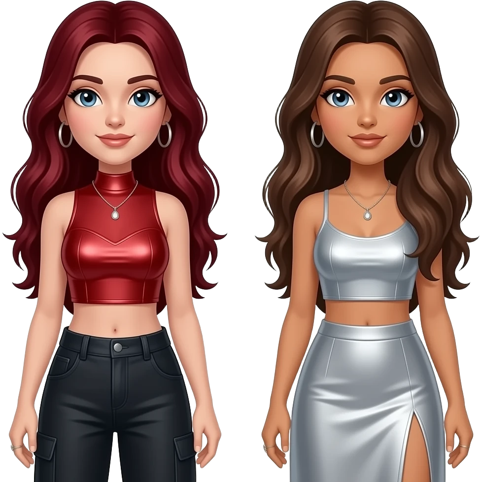 Bratz with Roxxi with blue eyes, long dark red hair, red metallic crop top and baggy pants, Nevra with tan skin, blue-grey eyes,long brown hair, silver crop top and long skirt emoji